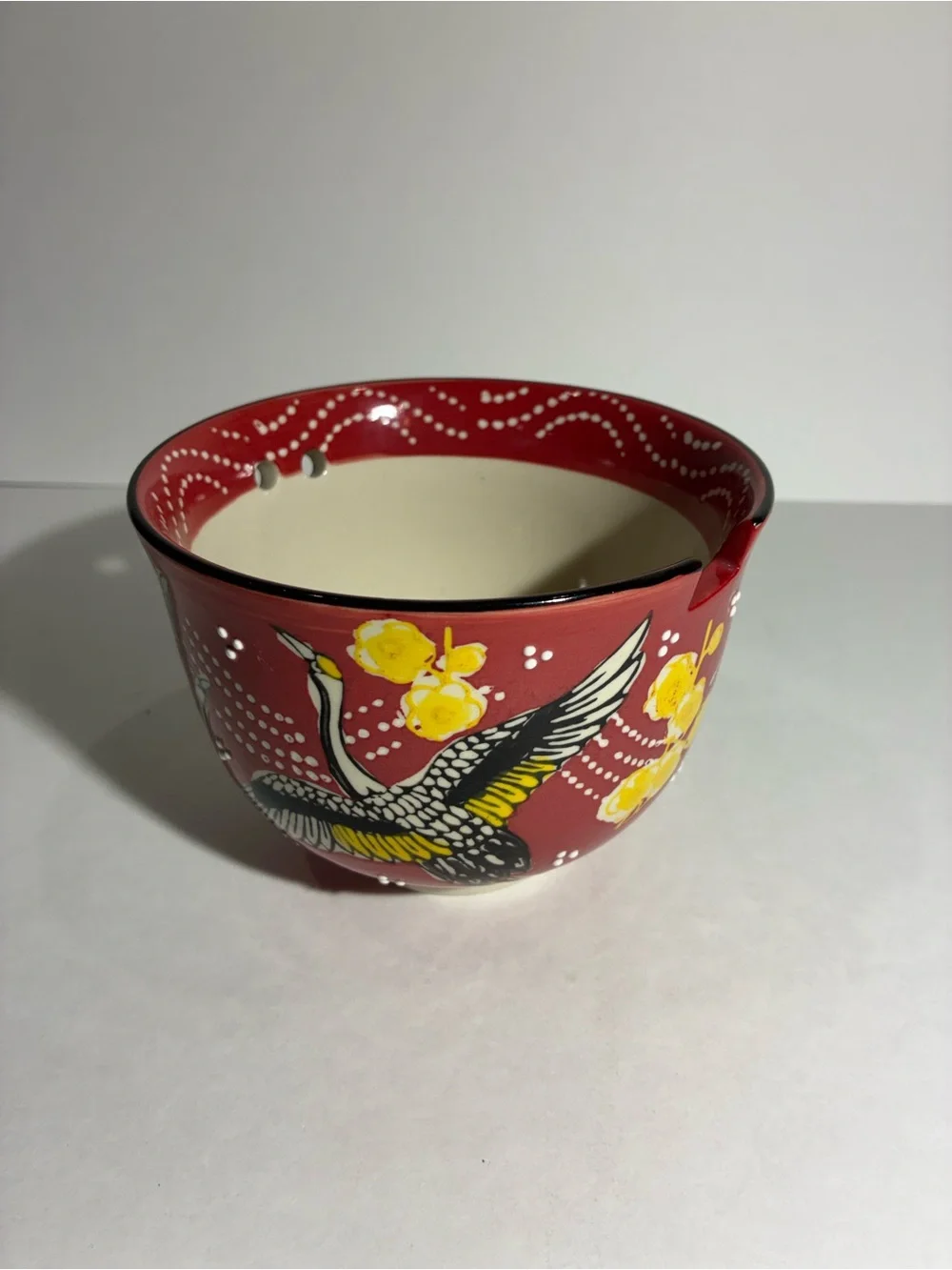 Mira Designs FMC Ceramic Ramen Bowl Crane Chopstick Holder Red Noodle Bowl